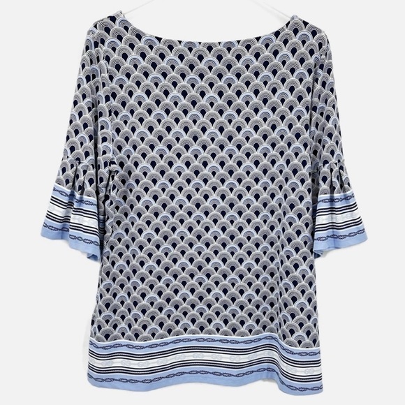 Charter Club Mixed Print Blue and White Flounce Sleeve Top Size Large - Picture 2 of 12